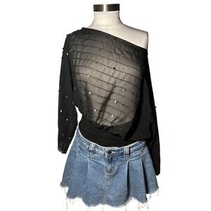 Janette One Shoulder Poncho Black Sequin Embellished Sheer Asymmetrical Top